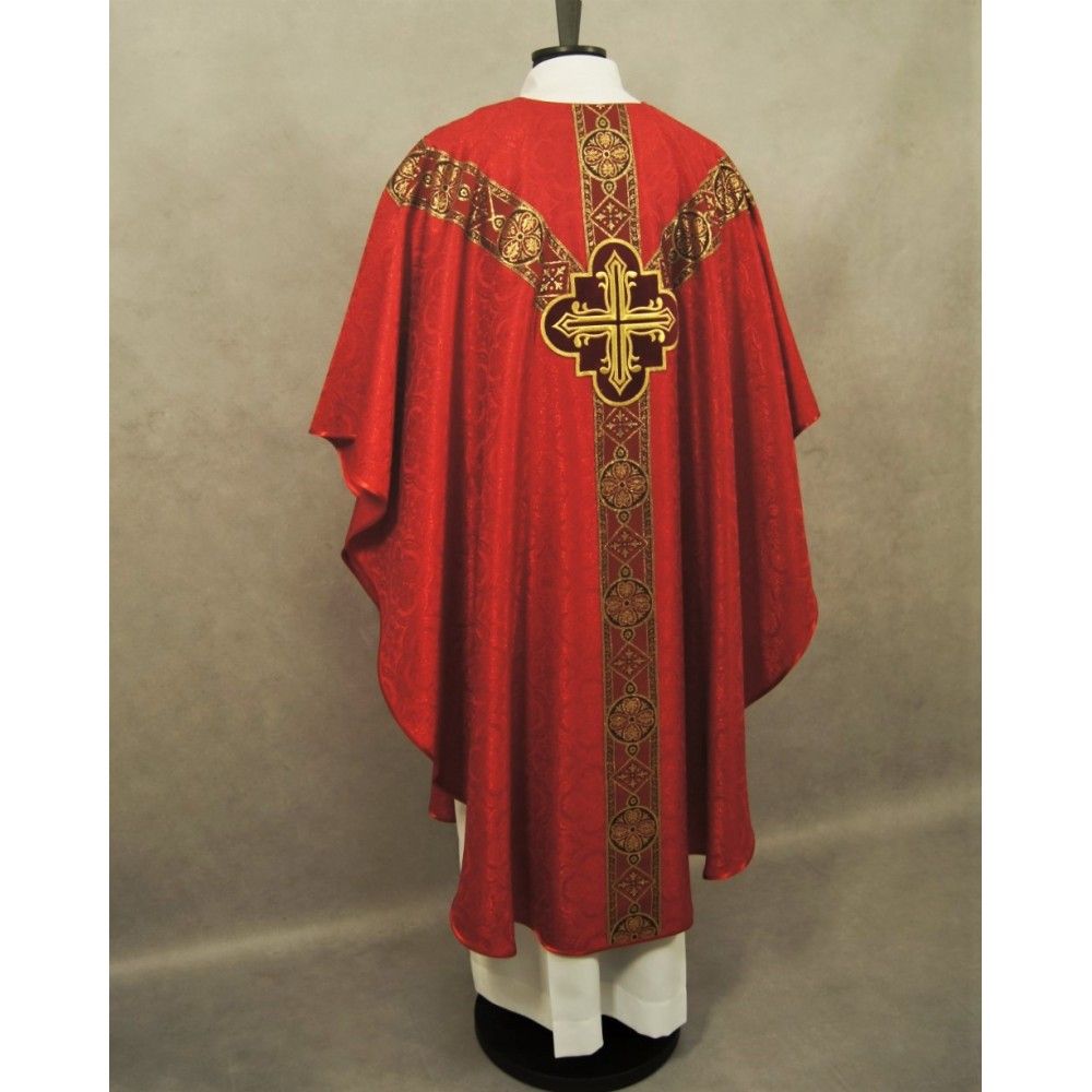 Ornat semi gotycki, czerwony, tkanina żakard, pasy tkane (97K) - ORNATY NA WIELKI POST - zdjęcie 3 - Ornat semi gotycki, czerwony, tkanina żakard, pasy tkane (97K)