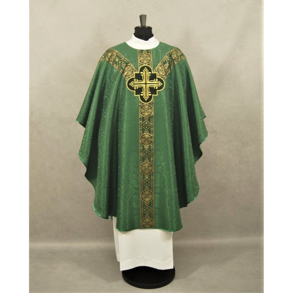 Ornat semi gotycki, zielony, tkanina żakard, pasy tkane (100K) - Ornaty Semi Gotyckie - Nowość