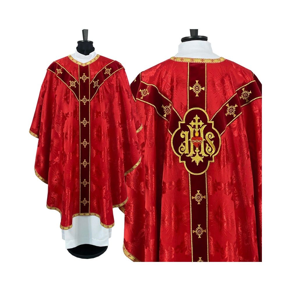 Ornat semi gotycki czerwony + akcesoria, tkanina żakard, pasy aksamit (101K) - Ornaty Semi Gotyckie - Nowość