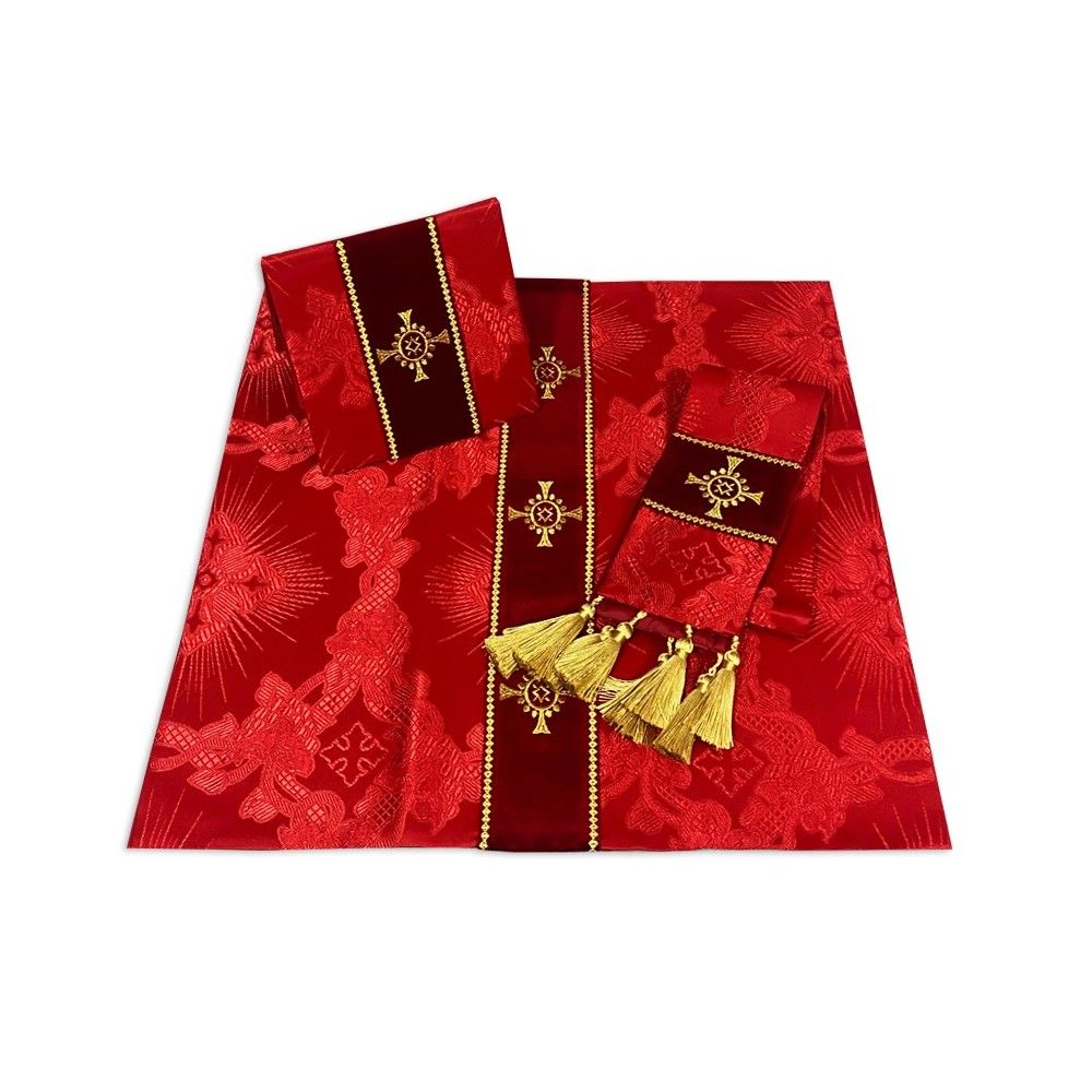 Ornat semi gotycki czerwony + akcesoria, tkanina żakard, pasy aksamit (101K) - Ornaty Semi Gotyckie - zdjęcie 3 - Ornat semi gotycki czerwony + akcesoria, tkanina żakard, pasy aksamit (101K)