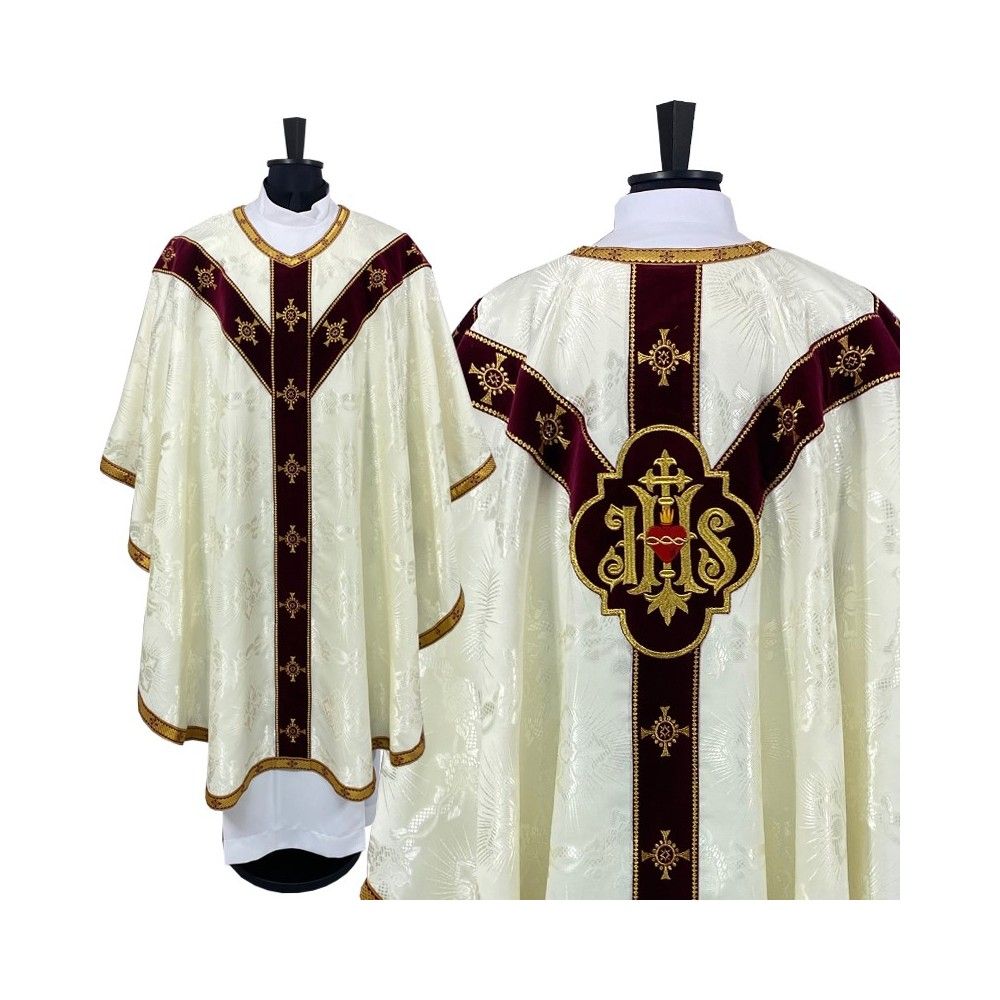 Ornat semi gotycki ecru + akcesoria, tkanina żakard, pasy aksamit (102K) - Ornaty Semi Gotyckie - Nowość