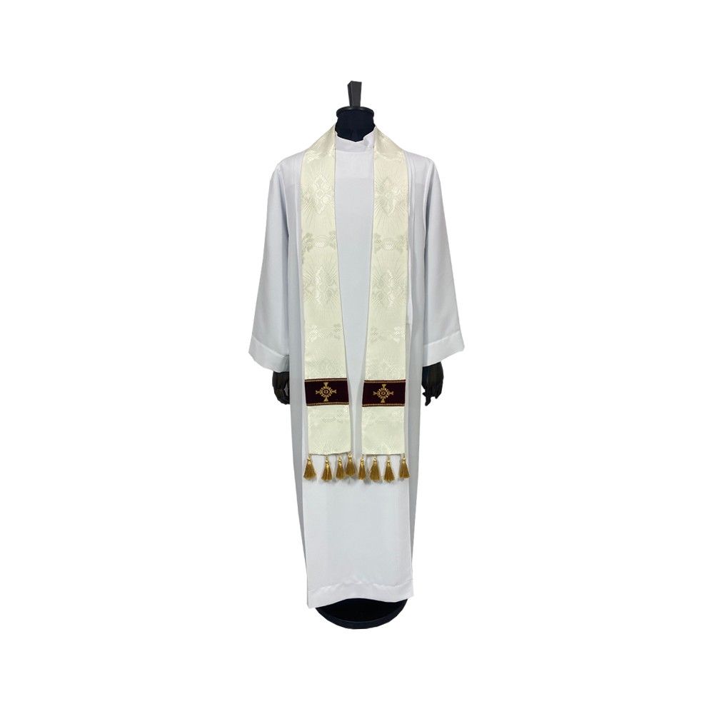 Ornat semi gotycki ecru + akcesoria, tkanina żakard, pasy aksamit (102K) - Ornaty Semi Gotyckie - zdjęcie 3 - Ornat semi gotycki ecru + akcesoria, tkanina żakard, pasy aksamit (102K)