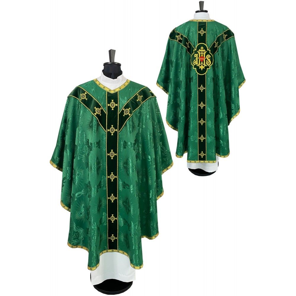 Ornat semi gotycki zielony + akcesoria, tkanina żakard, pasy aksamit (103K) - Ornaty Semi Gotyckie - Nowość