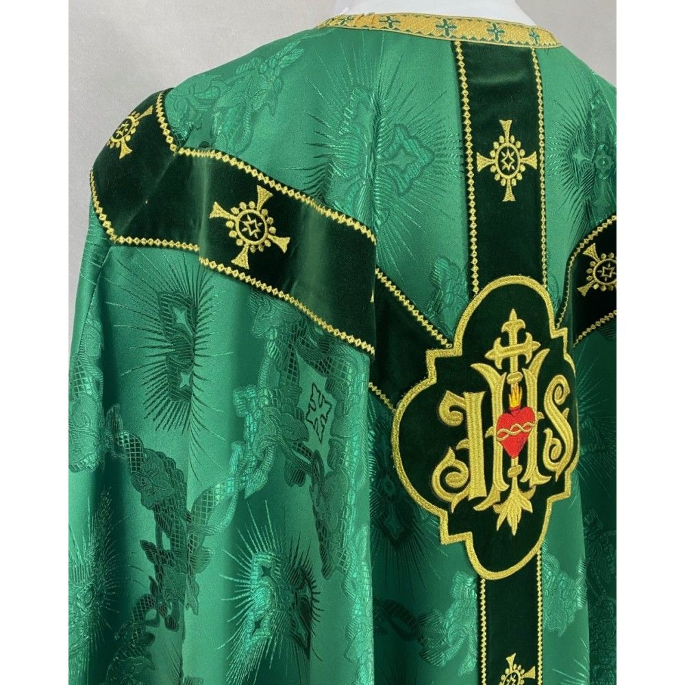 Ornat semi gotycki zielony + akcesoria, tkanina żakard, pasy aksamit (103K) - Ornaty Semi Gotyckie - zdjęcie 2 - Ornat semi gotycki zielony + akcesoria, tkanina żakard, pasy aksamit (103K)