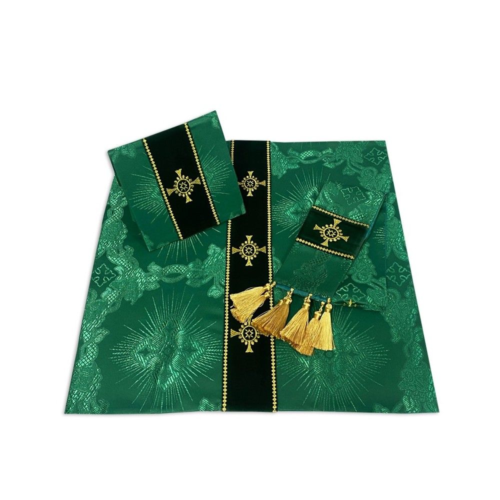 Ornat semi gotycki zielony + akcesoria, tkanina żakard, pasy aksamit (103K) - Ornaty Semi Gotyckie - zdjęcie 3 - Ornat semi gotycki zielony + akcesoria, tkanina żakard, pasy aksamit (103K)