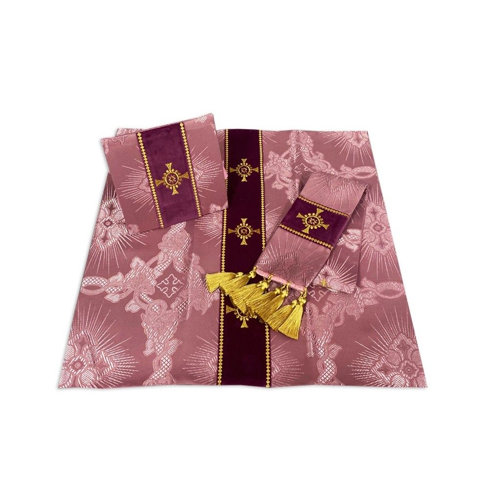 Ornat semi gotycki blady róż + akcesoria, tkanina żakard, pasy aksamit (104K) - ORNATY NA WIELKI POST - zdjęcie 2 - Ornat semi gotycki blady róż + akcesoria, tkanina żakard, pasy aksamit (104K)