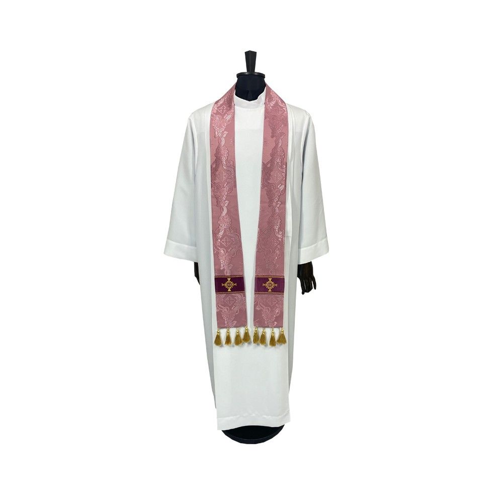 Ornat semi gotycki blady róż + akcesoria, tkanina żakard, pasy aksamit (104K) - ORNATY NA WIELKI POST - zdjęcie 3 - Ornat semi gotycki blady róż + akcesoria, tkanina żakard, pasy aksamit (104K)