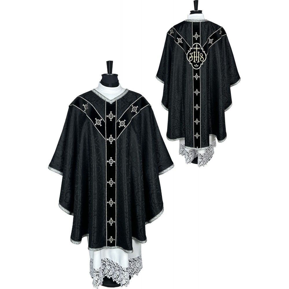 Ornat semi gotycki czarny + akcesoria, tkanina żakard, pasy aksamit (105K) - Ornaty Semi Gotyckie - Nowość
