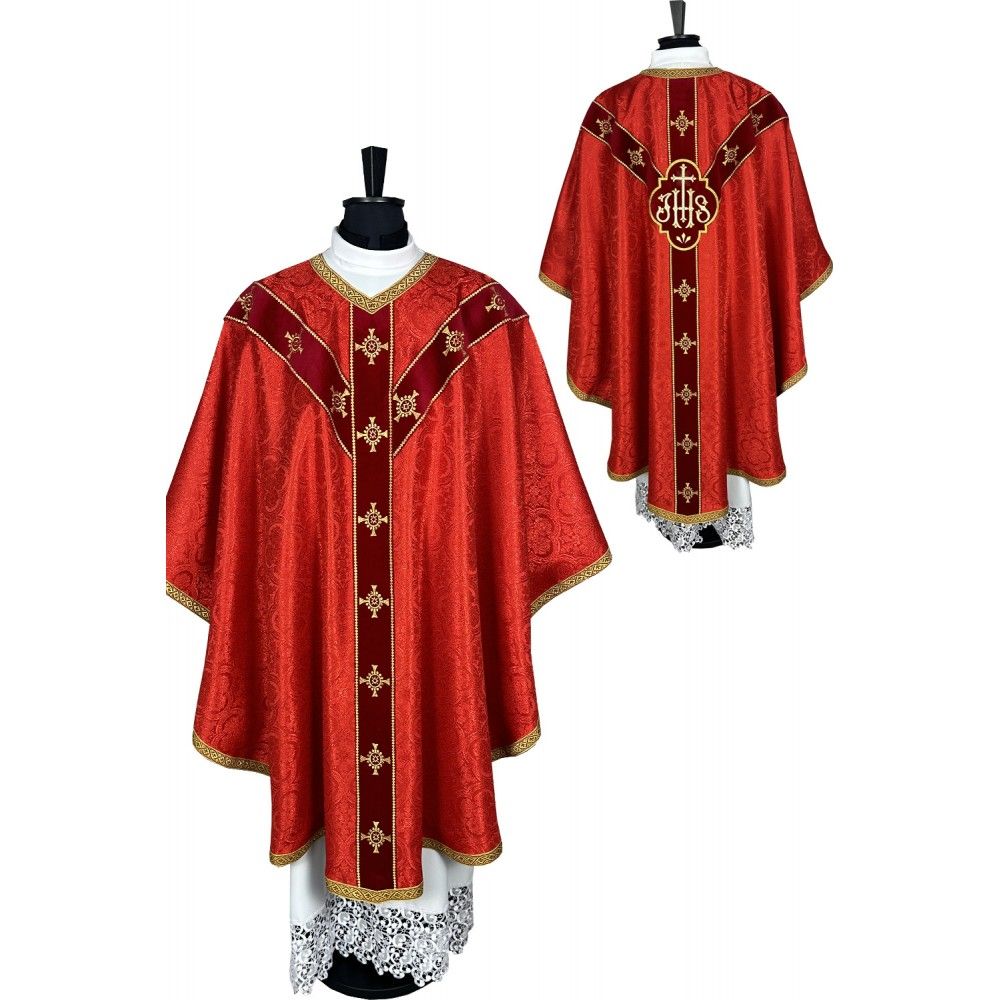Ornat semi gotycki czerwony + akcesoria, tkanina żakard, pasy aksamit (106K) - ORNATY NA WIELKI POST - Nowość
