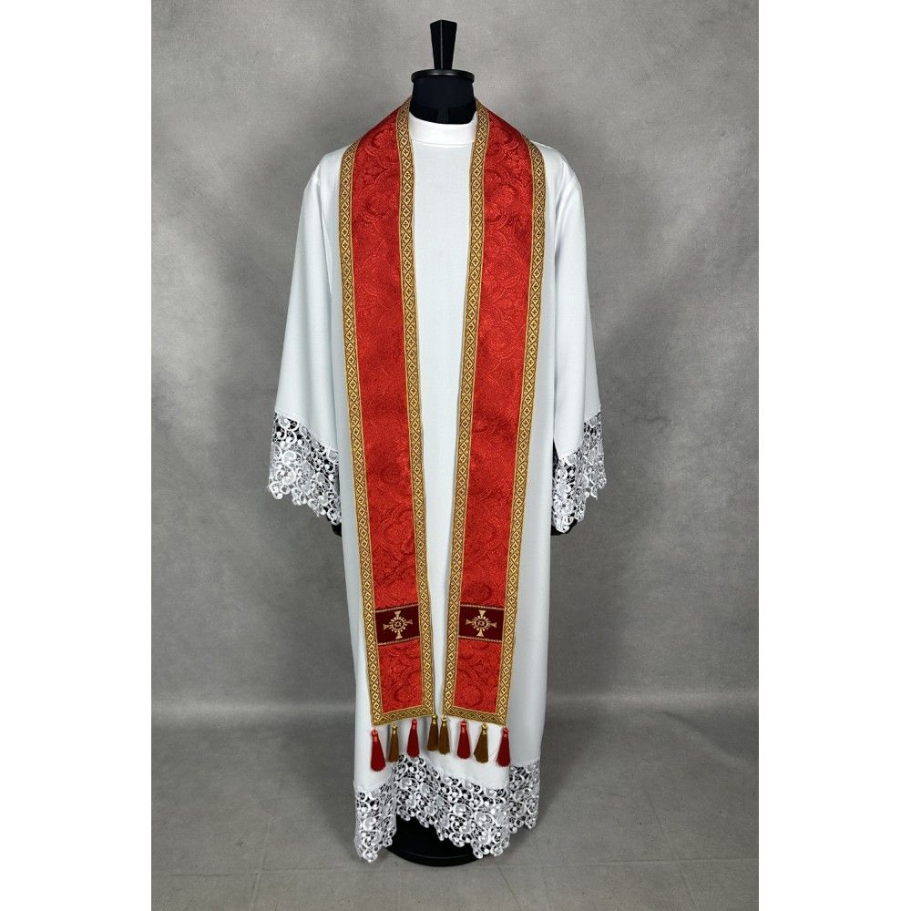 Ornat semi gotycki czerwony + akcesoria, tkanina żakard, pasy aksamit (106K) - ORNATY NA WIELKI POST - zdjęcie 3 - Ornat semi gotycki czerwony + akcesoria, tkanina żakard, pasy aksamit (106K)