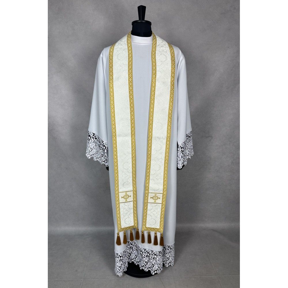 Ornat semi gotycki ecru + akcesoria, tkanina żakard, pasy aksamit (107K) - Ornaty Semi Gotyckie - zdjęcie 3 - Ornat semi gotycki ecru + akcesoria, tkanina żakard, pasy aksamit (107K)