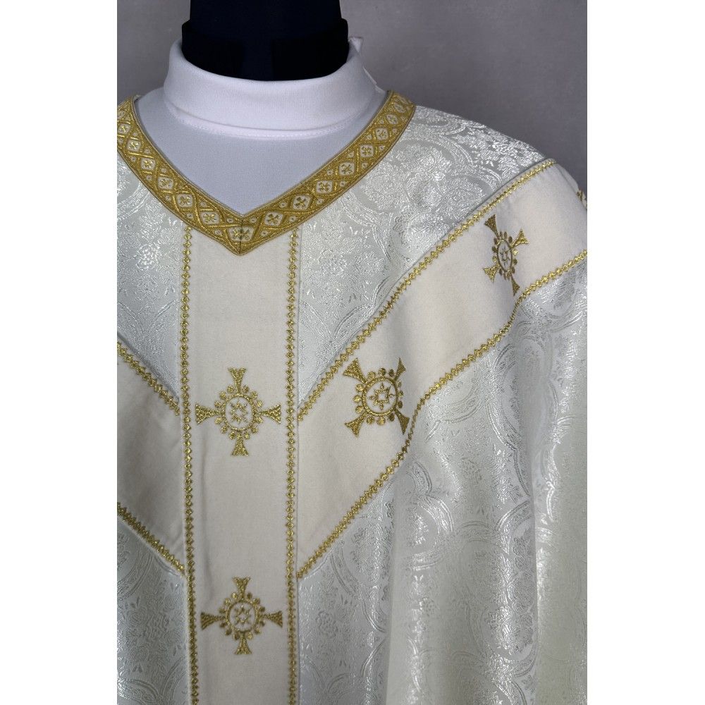 Ornat semi gotycki ecru + akcesoria, tkanina żakard, pasy aksamit (107K) - Ornaty Semi Gotyckie - zdjęcie 4 - Ornat semi gotycki ecru + akcesoria, tkanina żakard, pasy aksamit (107K)