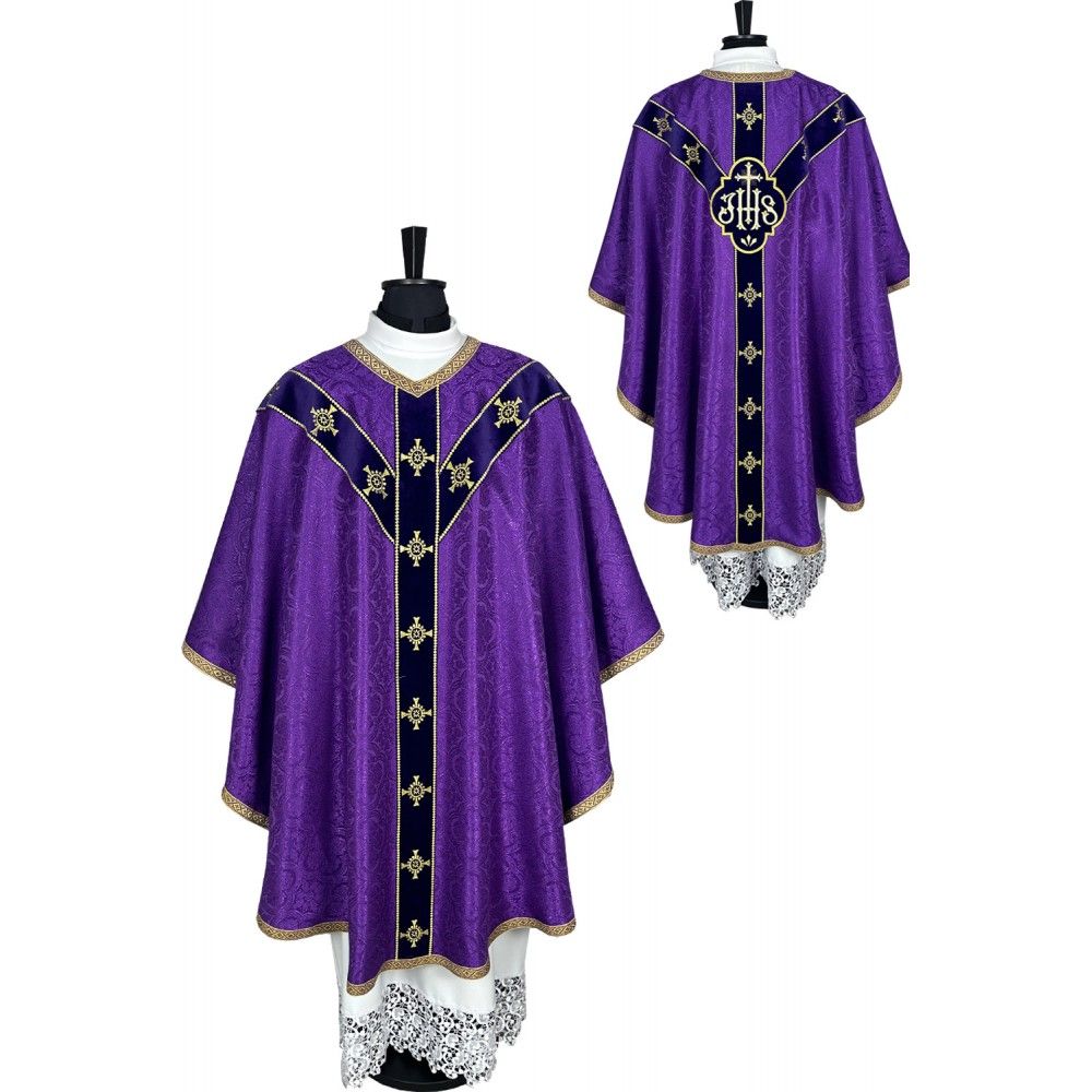 Ornat semi gotycki fioletowy + akcesoria, tkanina żakard, pasy aksamit (108K) - ORNATY NA WIELKI POST - Nowość