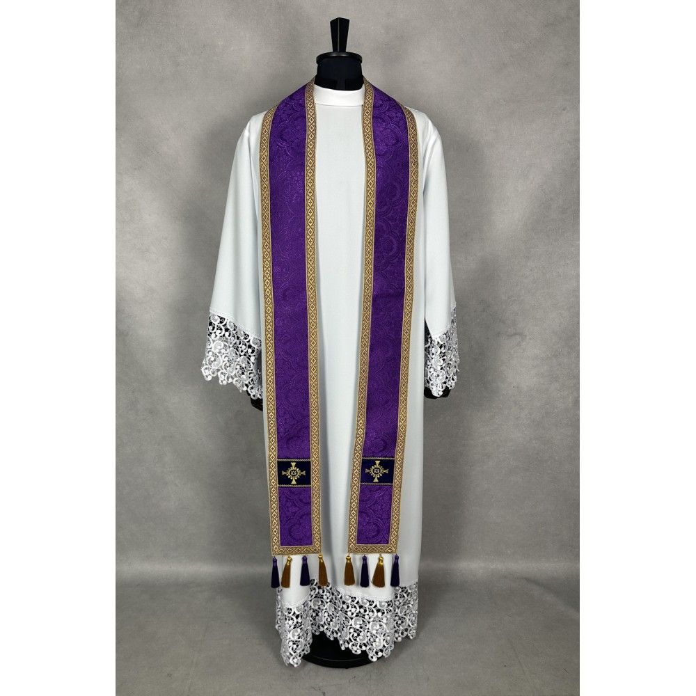 Ornat semi gotycki fioletowy + akcesoria, tkanina żakard, pasy aksamit (108K) - ORNATY NA WIELKI POST - zdjęcie 3 - Ornat semi gotycki fioletowy + akcesoria, tkanina żakard, pasy aksamit (108K)