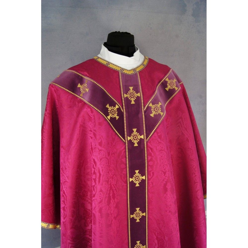 Ornat semi gotycki różowy + akcesoria, tkanina żakard, pasy aksamit (109K) - ORNATY NA WIELKI POST - zdjęcie 4 - Ornat semi gotycki różowy + akcesoria, tkanina żakard, pasy aksamit (109K)