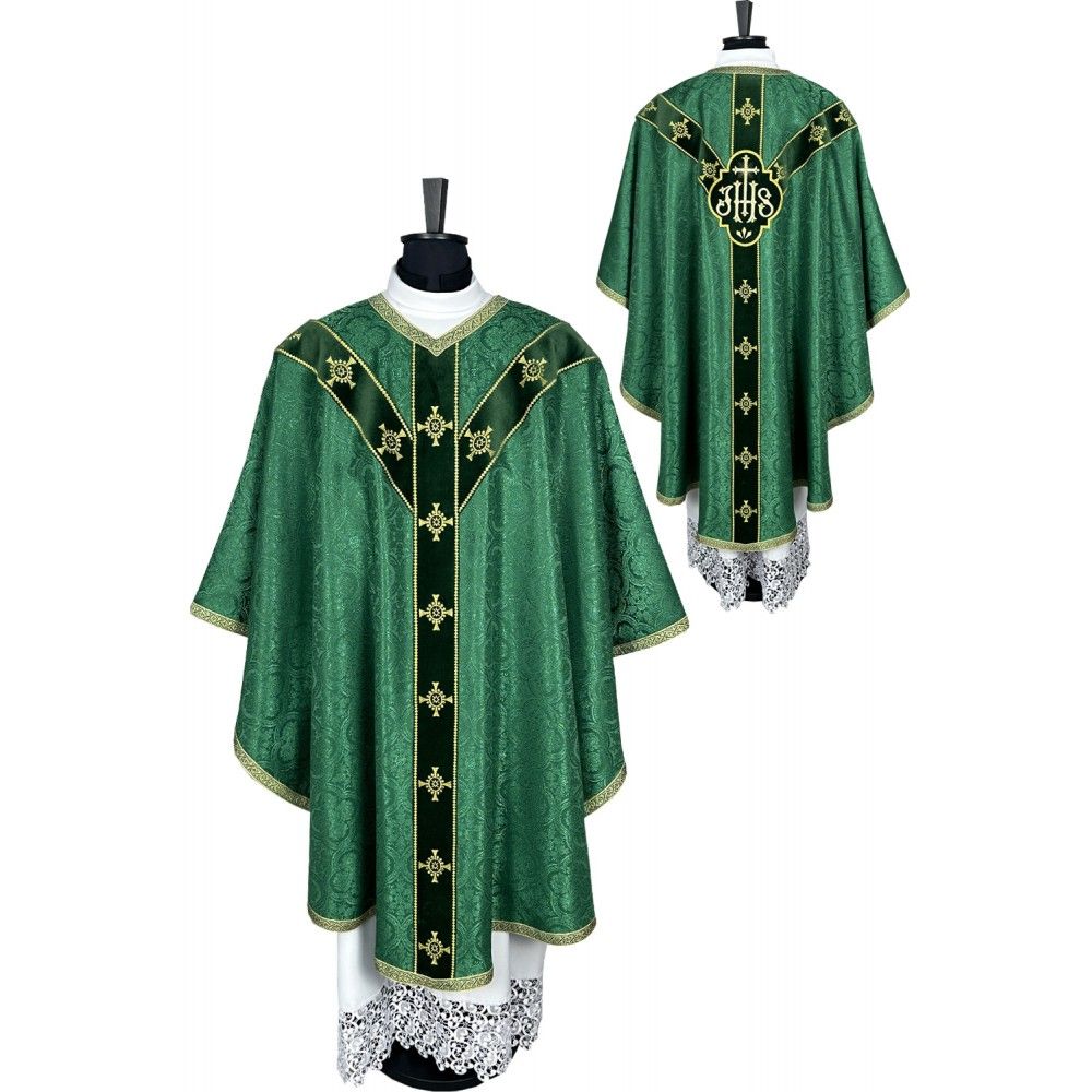 Ornat semi gotycki zielony + akcesoria, tkanina żakard, pasy aksamit (110K) - Ornaty Semi Gotyckie - Nowość