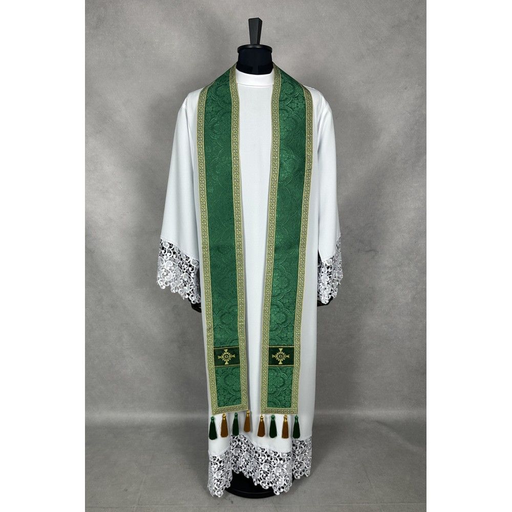 Ornat semi gotycki zielony + akcesoria, tkanina żakard, pasy aksamit (110K) - Ornaty Semi Gotyckie - zdjęcie 3 - Ornat semi gotycki zielony + akcesoria, tkanina żakard, pasy aksamit (110K)