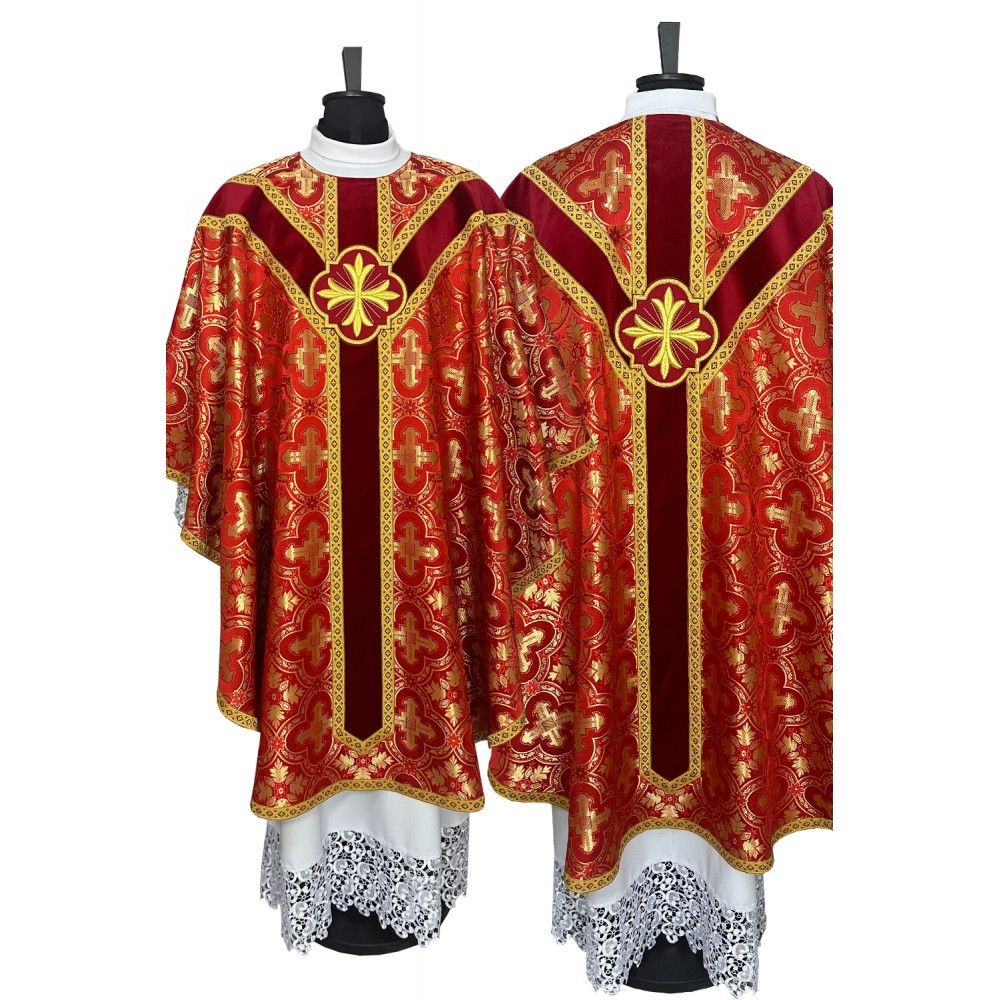 Ornat semi gotycki czerwony, tkanina żakard (111K) - ORNATY NA WIELKI POST - Nowość