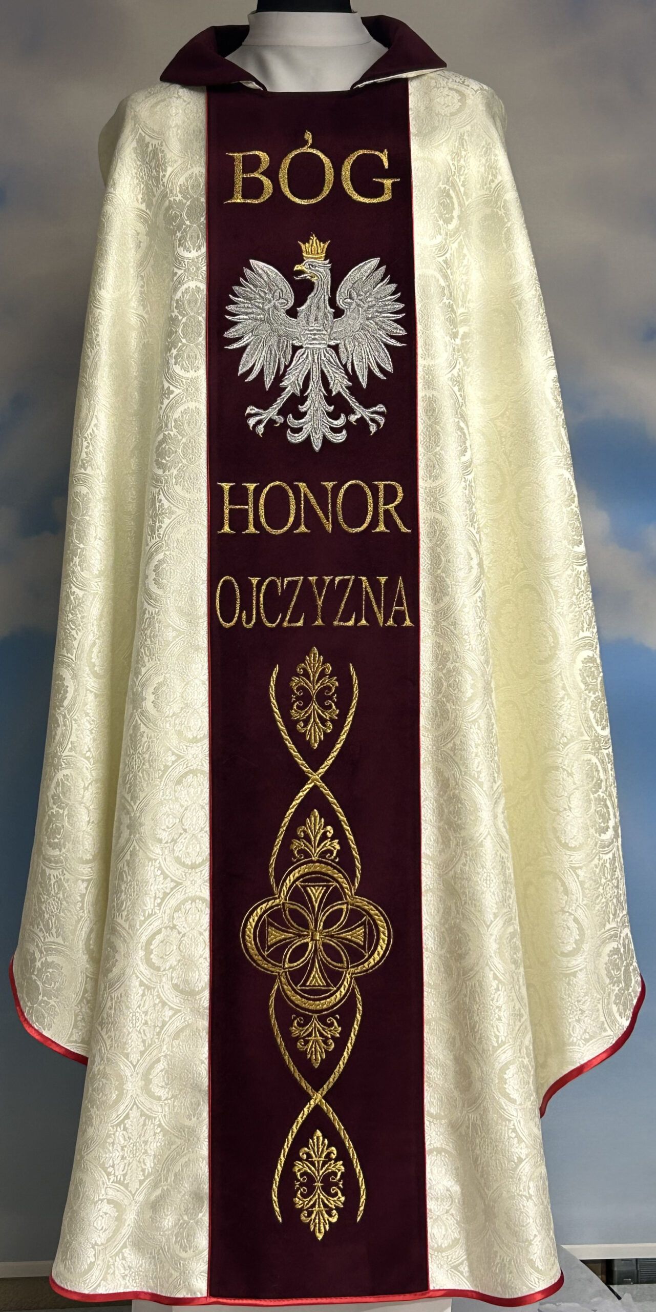 Ornat Patriotyczny - Bóg, Honor, Ojczyzna- pasy aksamit - Ornaty białe/ ecru - Ornat Patriotyczny - Bóg, Honor, Ojczyzna- pasy aksamit