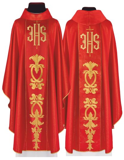 Ornat haftowany IHS czerwony + stuła (137H) - ORNATY NA WIELKI POST - Nowość