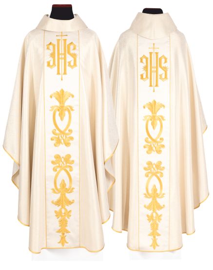 Ornat haftowany IHS ecru + stuła (139H) - Ornaty białe/ ecru - Nowość