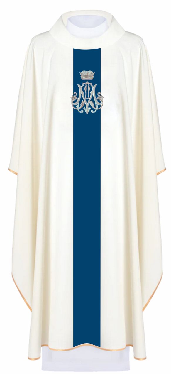 Ornat maryjny haftowany biały, pas aksamit niebieski + stuła (154H) - Ornaty Maryjne - Nowość