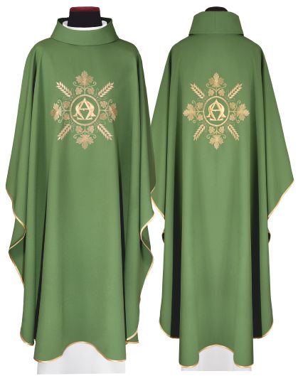 Ornat haftowany Alfa i Omega, zielony + stuła (157H) - Ornaty zielone - Nowość