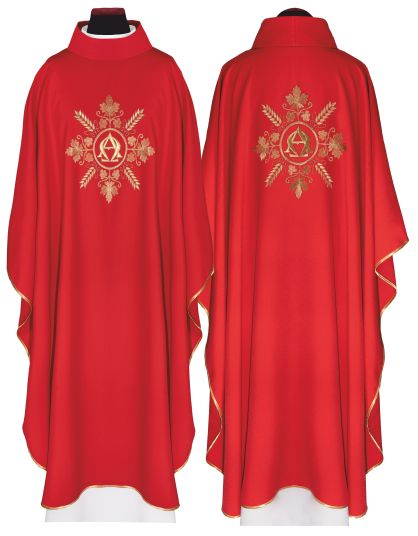 Ornat haftowany Alfa i Omega, czerwony + stuła (158H) - ORNATY NA WIELKI POST - Nowość