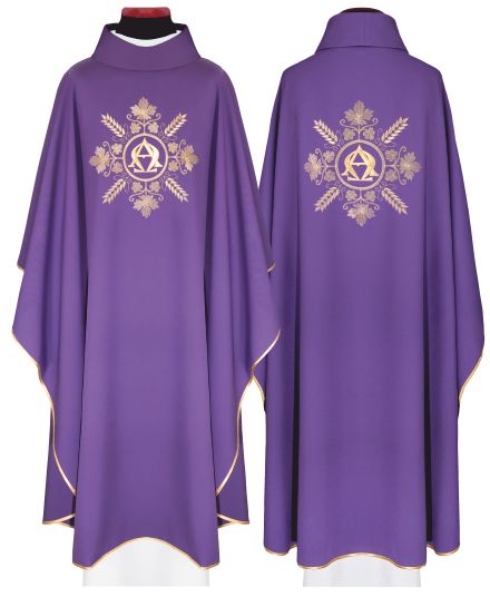 Ornat haftowany Alfa i Omega, fioletowy + stuła (159H) - ORNATY NA WIELKI POST - Nowość