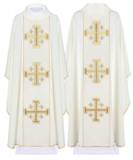 Ornat haftowany Krzyże Jerozolimskie, ecru + stuła (161H) - Ornaty białe/ ecru - Nowość