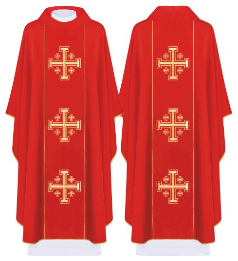 Ornat haftowany Krzyże Jerozolimskie, czerwony + stuła (163H) - ORNATY NA WIELKI POST - Nowość