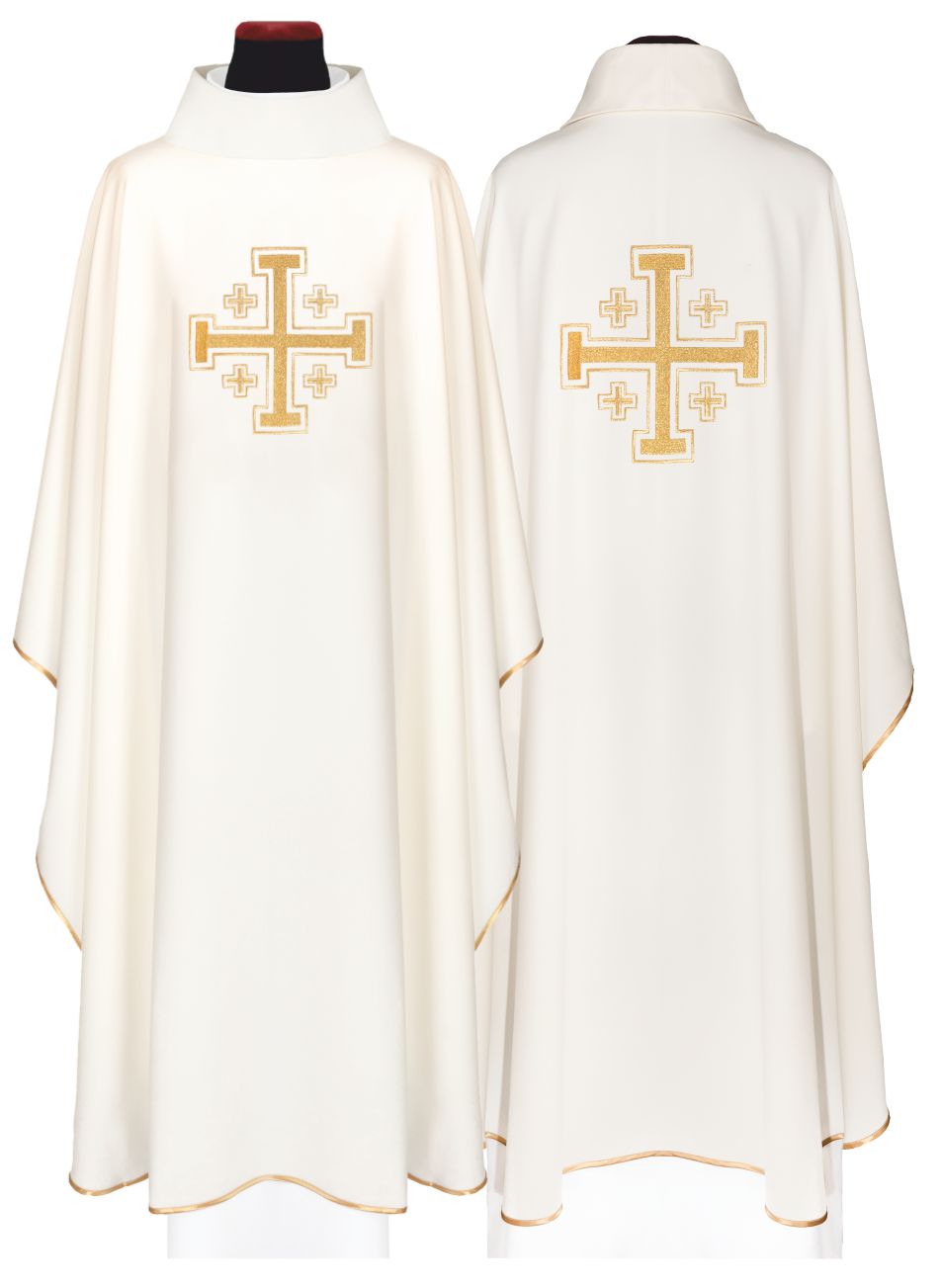 Ornat haftowany Krzyż Jerozolimski, ecru + stuła (165H) - Ornaty białe/ ecru - Nowość
