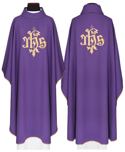 Ornat haftowany IHS, fioletowy + stuła (169H) - ORNATY NA WIELKI POST - Nowość