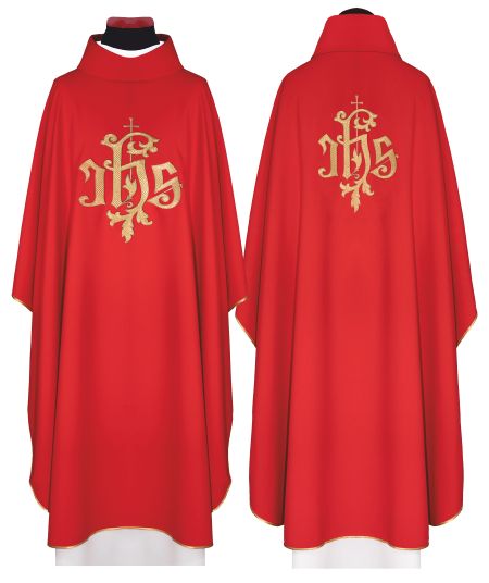 Ornat haftowany IHS, czerwony + stuła (170H) - ORNATY NA WIELKI POST - Nowość