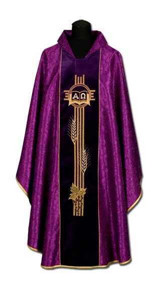 Ornat z adamaszku , pas aksamit Alfa i Omega (002) - Ornaty fioletowe - Nowość