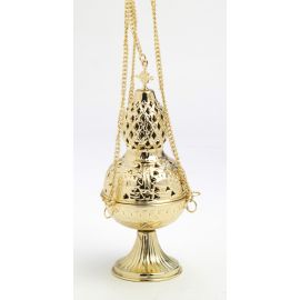 Trybularz mosiężny, pozłacany, zdobiony  z krzyżykiem- 26 cm. - TRYBULARZE, ŁÓDKI