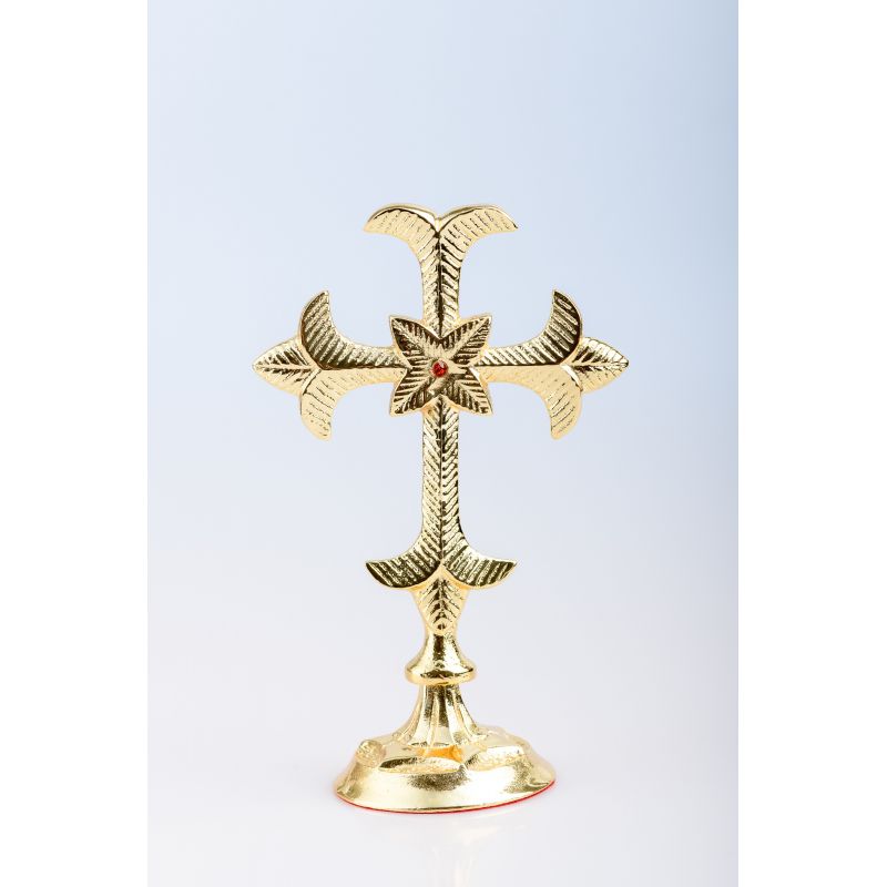 Krzyż stojący nowoczesny, mosiężny, pozłacany - 19 cm - KRZYŻE OŁTARZOWE, PROCESYJNE - Krzyż stojący nowoczesny, mosiężny, pozłacany - 19 cm