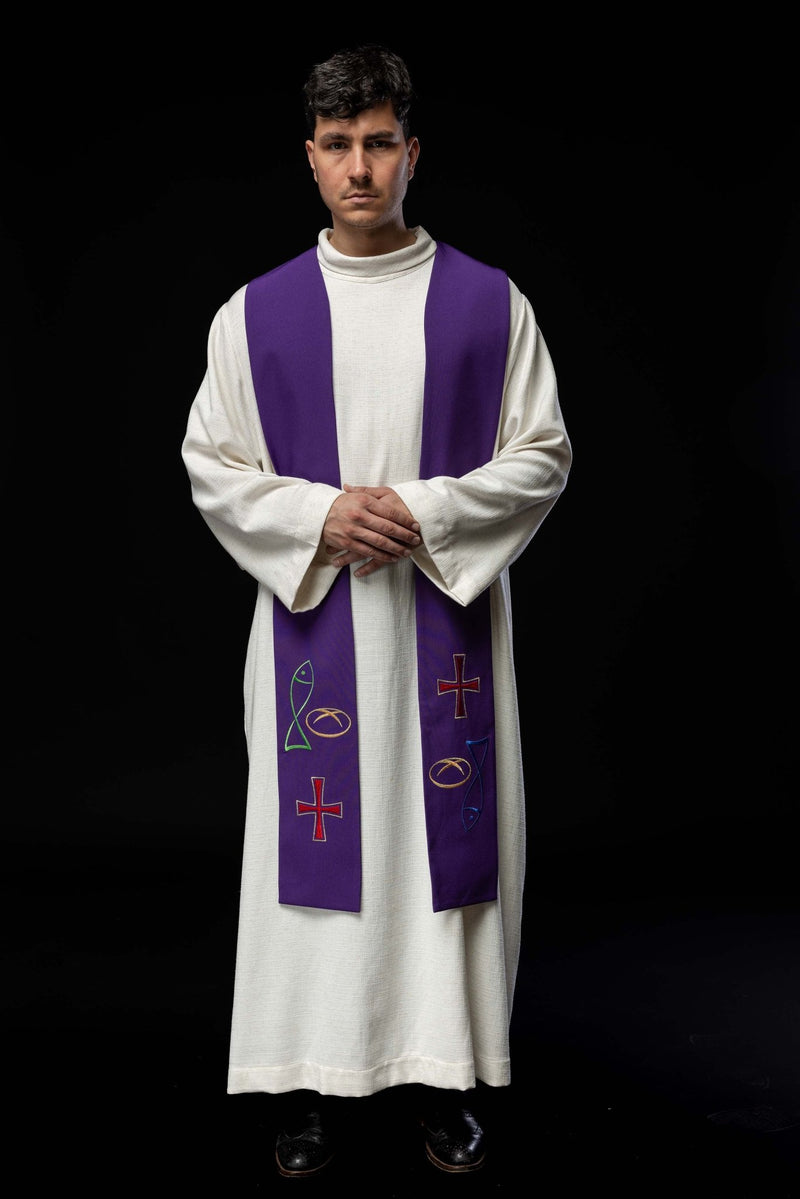 Stuła haftowana zielona, symbolika chleba, ryby, krzyża (36H) - EUCHARYSTYCZNE