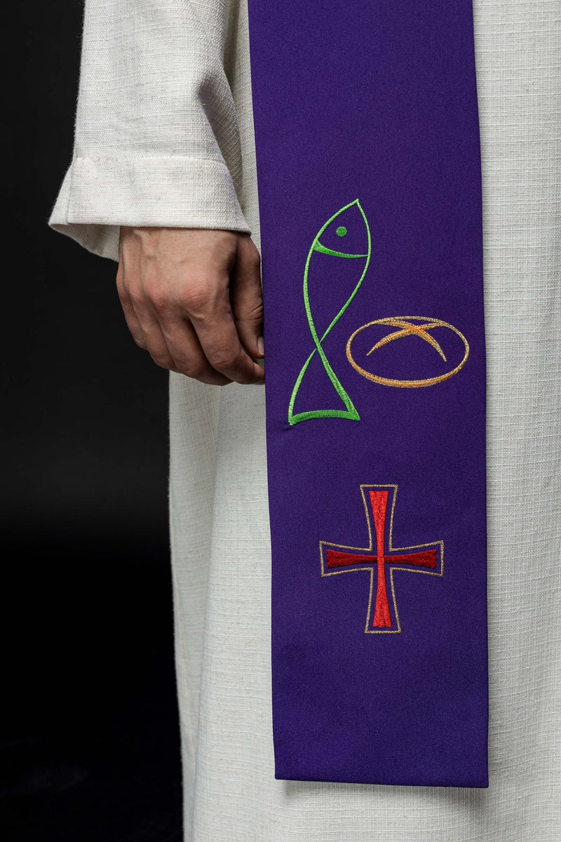 Stuła haftowana zielona, symbolika chleba, ryby, krzyża (36H) - EUCHARYSTYCZNE - zdjęcie 2