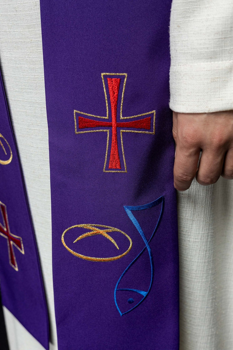 Stuła haftowana zielona, symbolika chleba, ryby, krzyża (36H) - EUCHARYSTYCZNE - zdjęcie 3