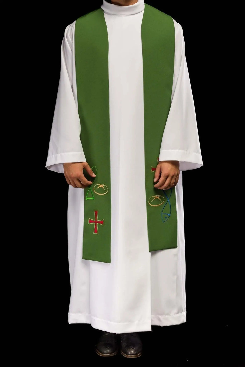 Stuła haftowana zielona, symbolika chleba, ryby, krzyża (36H) - EUCHARYSTYCZNE