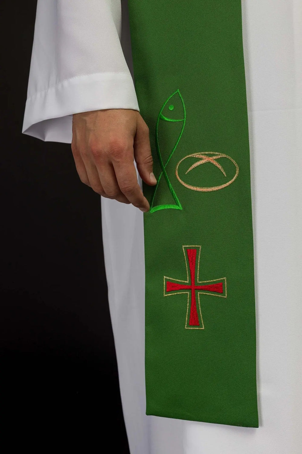 Stuła haftowana zielona, symbolika chleba, ryby, krzyża (36H) - EUCHARYSTYCZNE - zdjęcie 2