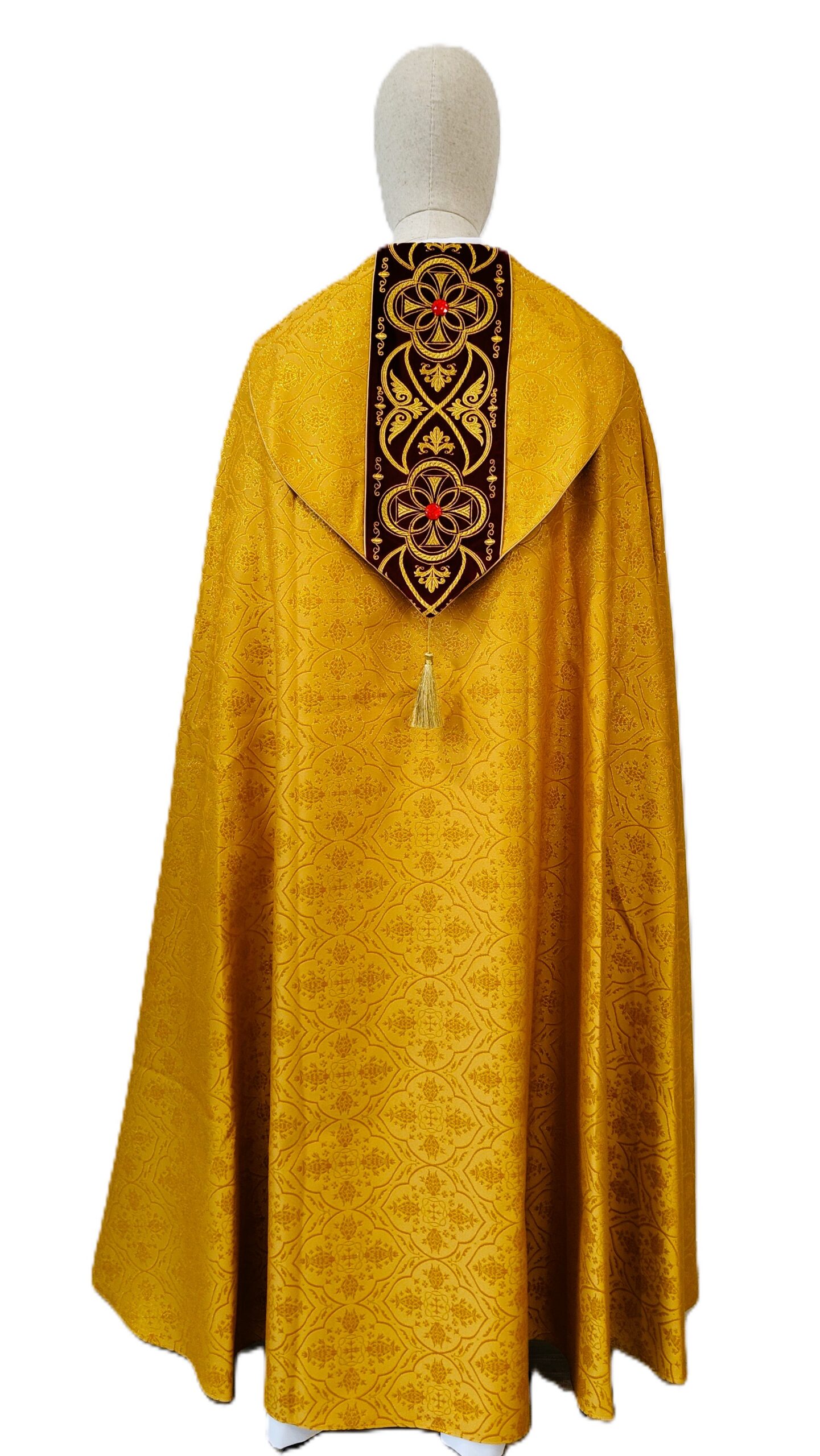 Kapa haftowana, tkanina żakard - ciemne złoto, pasy aksamit - KAPY LITURGICZNE - zdjęcie 2