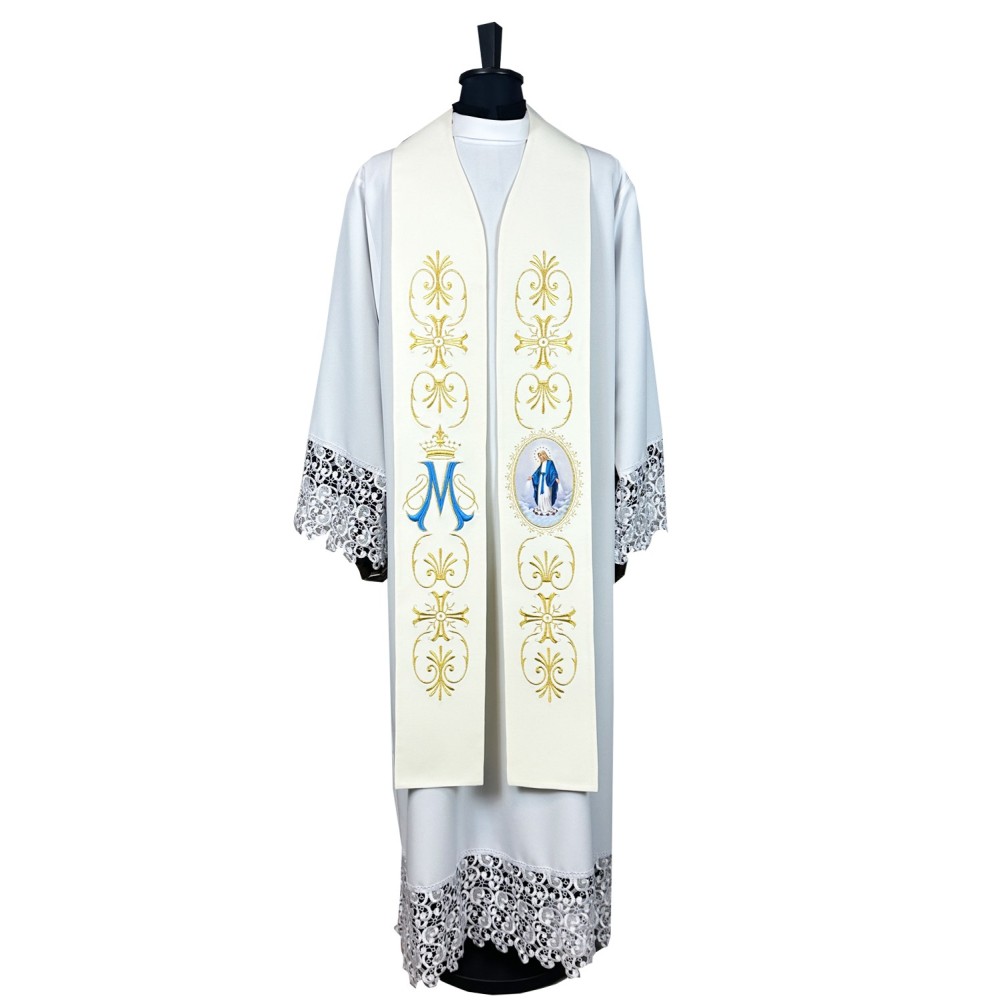 Stuła kapłańska MB Niepokalana - nadruk i haft liturgiczny - Z POSTACIAMI - Nowość
