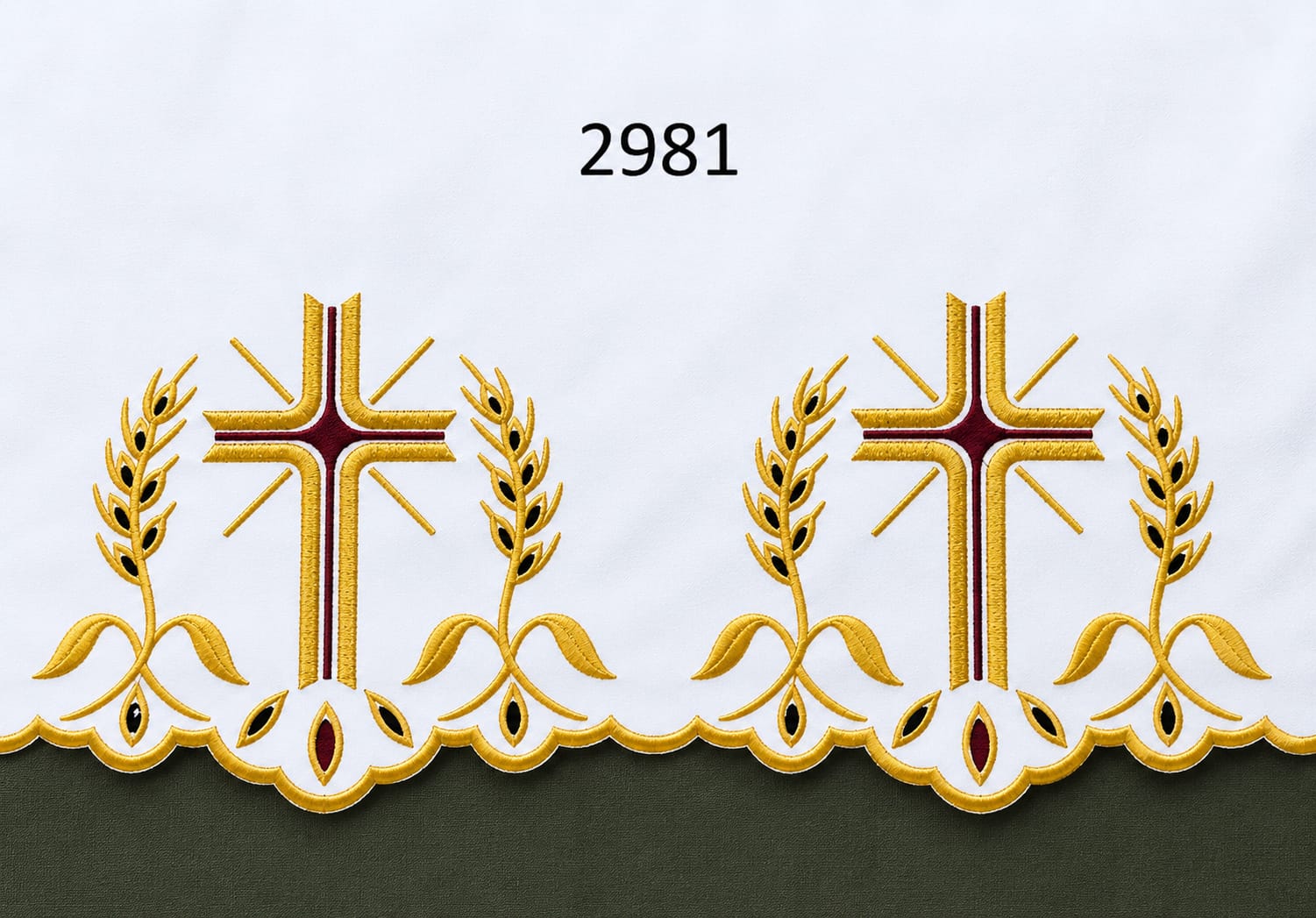 Obrus kościelny haftowany – Krzyż złoty(środek bordo) i kłosy - OBRUSY OŁTARZOWE