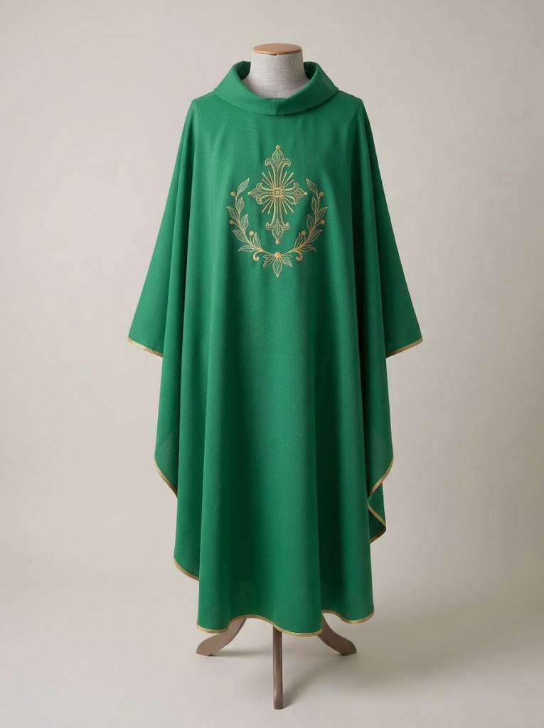 Ornat zielony „Krzyż w wieńcu” – elanobawełna, długość 135 cm - Ornaty haftowane