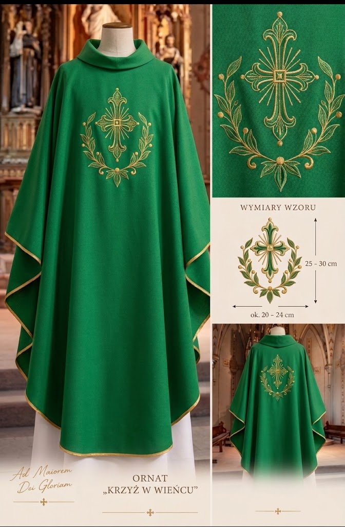Ornat zielony „Krzyż w wieńcu” – elanobawełna, długość 135 cm - Ornaty haftowane - zdjęcie 2