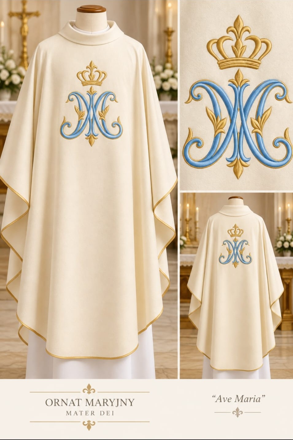 Ornat maryjny ecru z niebiesko-złotym monogramem – 135 cm, kołnierz golf - Ornaty Maryjne