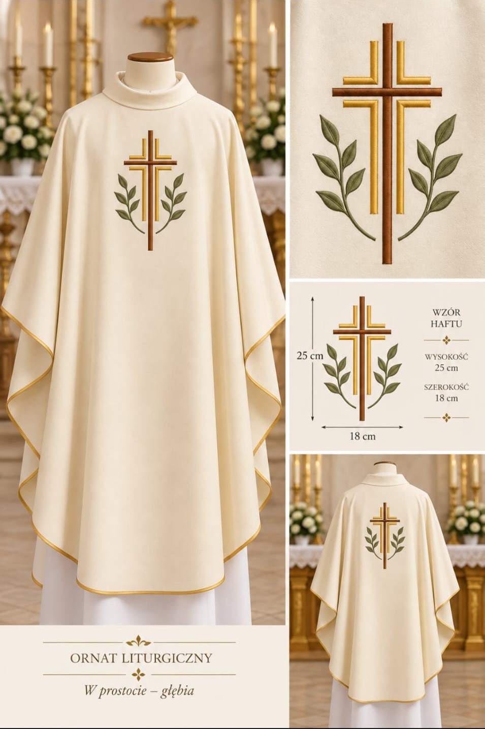 Ornat gotycki z haftowanym krzyżem – 135 cm, kołnierz golf - SZATY LITURGICZNE