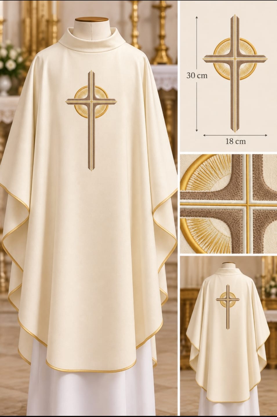 Ornat gotycki (kolory liturgiczne) z haftowanym krzyżem w okręgu – 135 cm, kołnierz golf - Ornaty haftowane